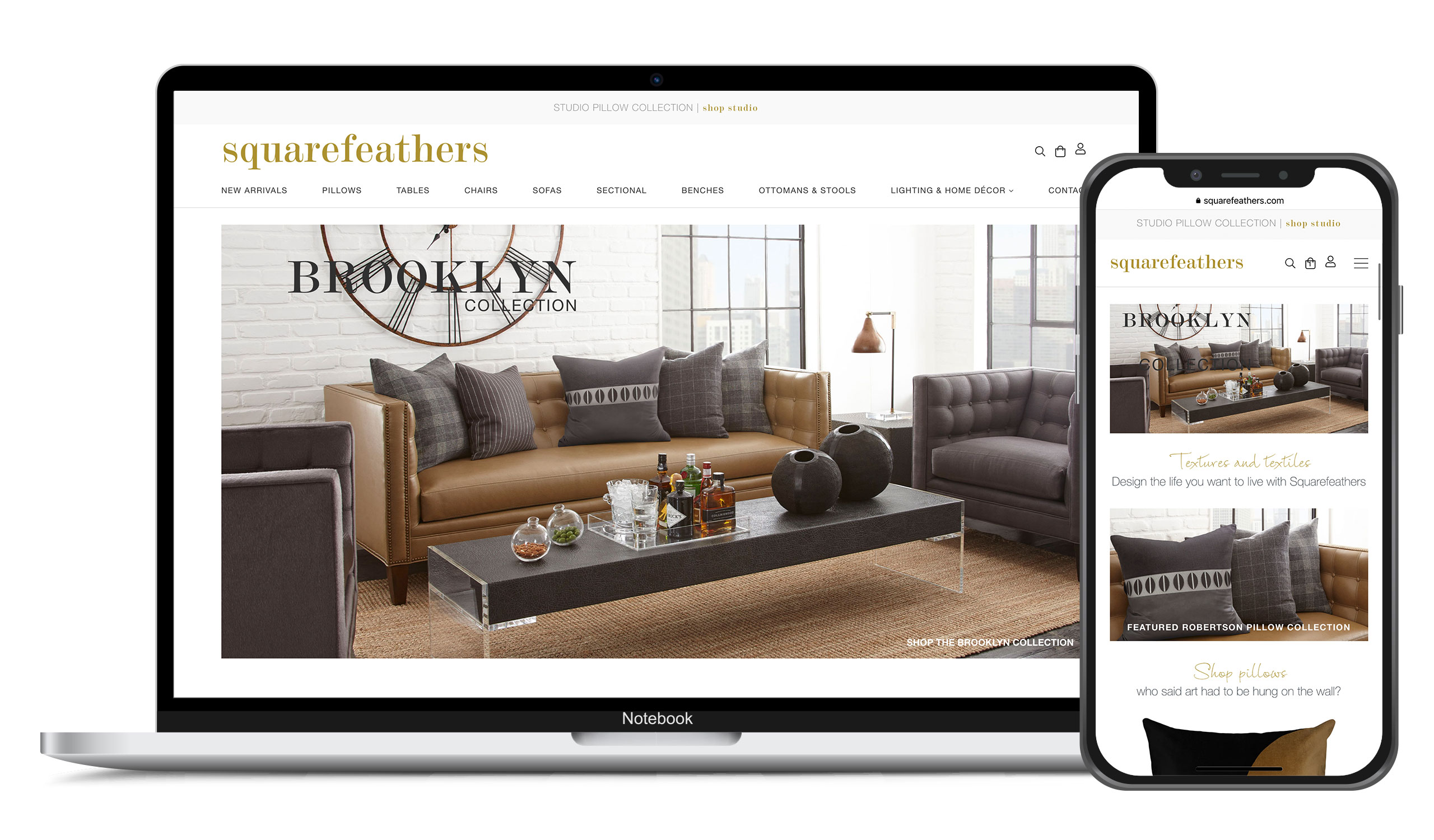 Laptop & iPhone Mockup of Squarefeathers website redesign